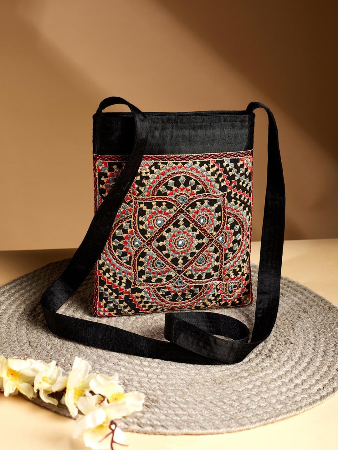 

Fabindia Ethnic Motifs Embroidered Sling Bag, Black