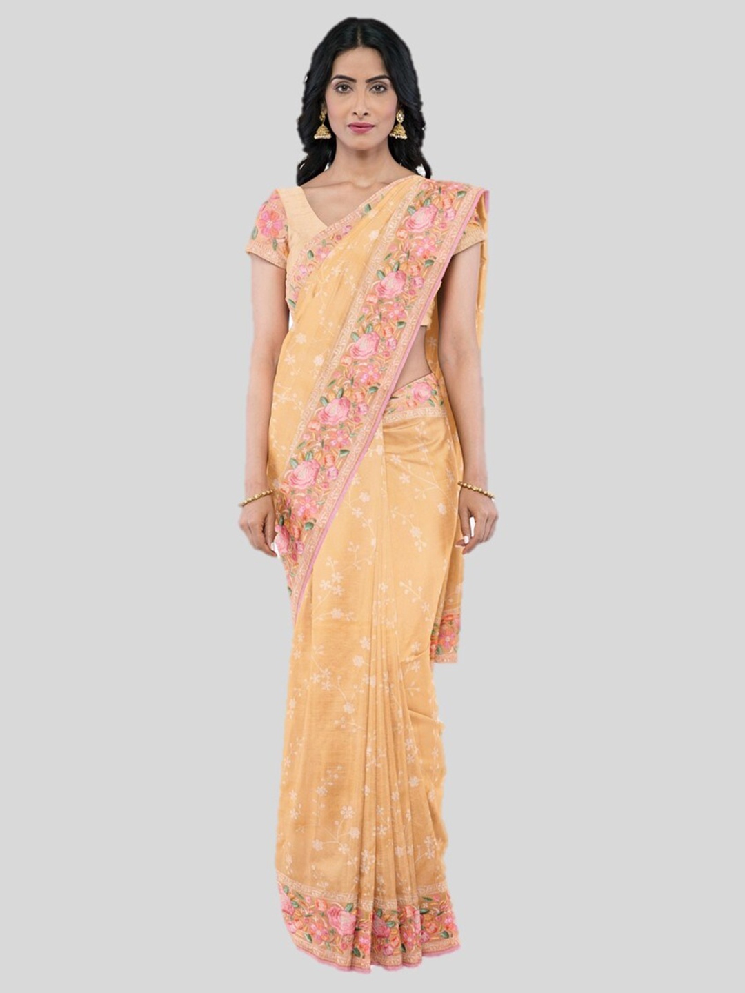 

KAJREE Floral Embroidered Organza Designer Jamdani Saree, Yellow
