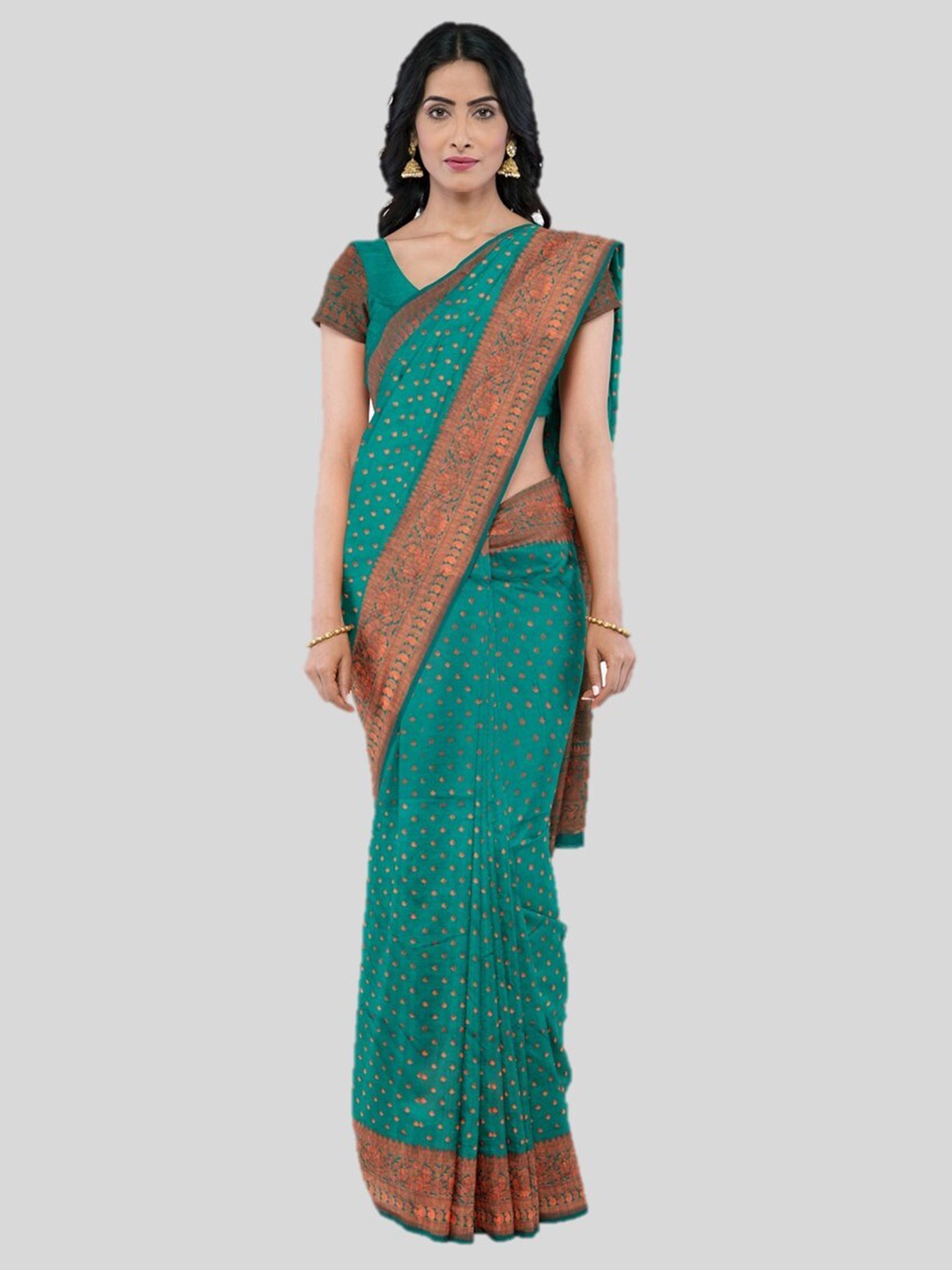 

KAJREE Woven Design Zari Silk Blend Kanjeevaram Saree, Green