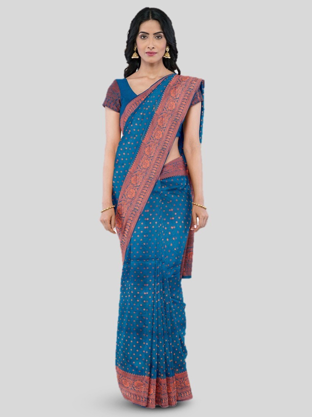 

KAJREE Woven Design Zari Silk Blend Kanjeevaram Saree, Blue