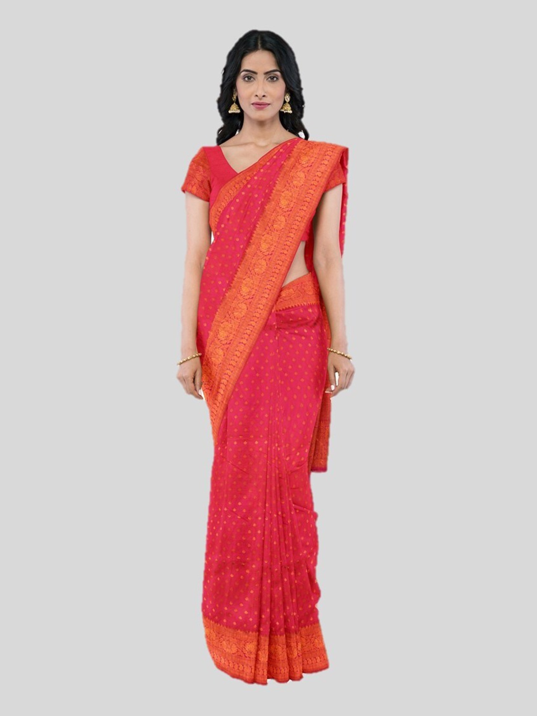 

KAJREE Ethnic Motifs Woven Design Zari Kanjeevaram Saree, Pink