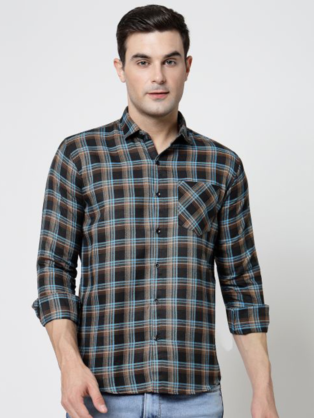 

ADWYN PETER New Tartan Checks Checked Cotton Casual Shirt, Black