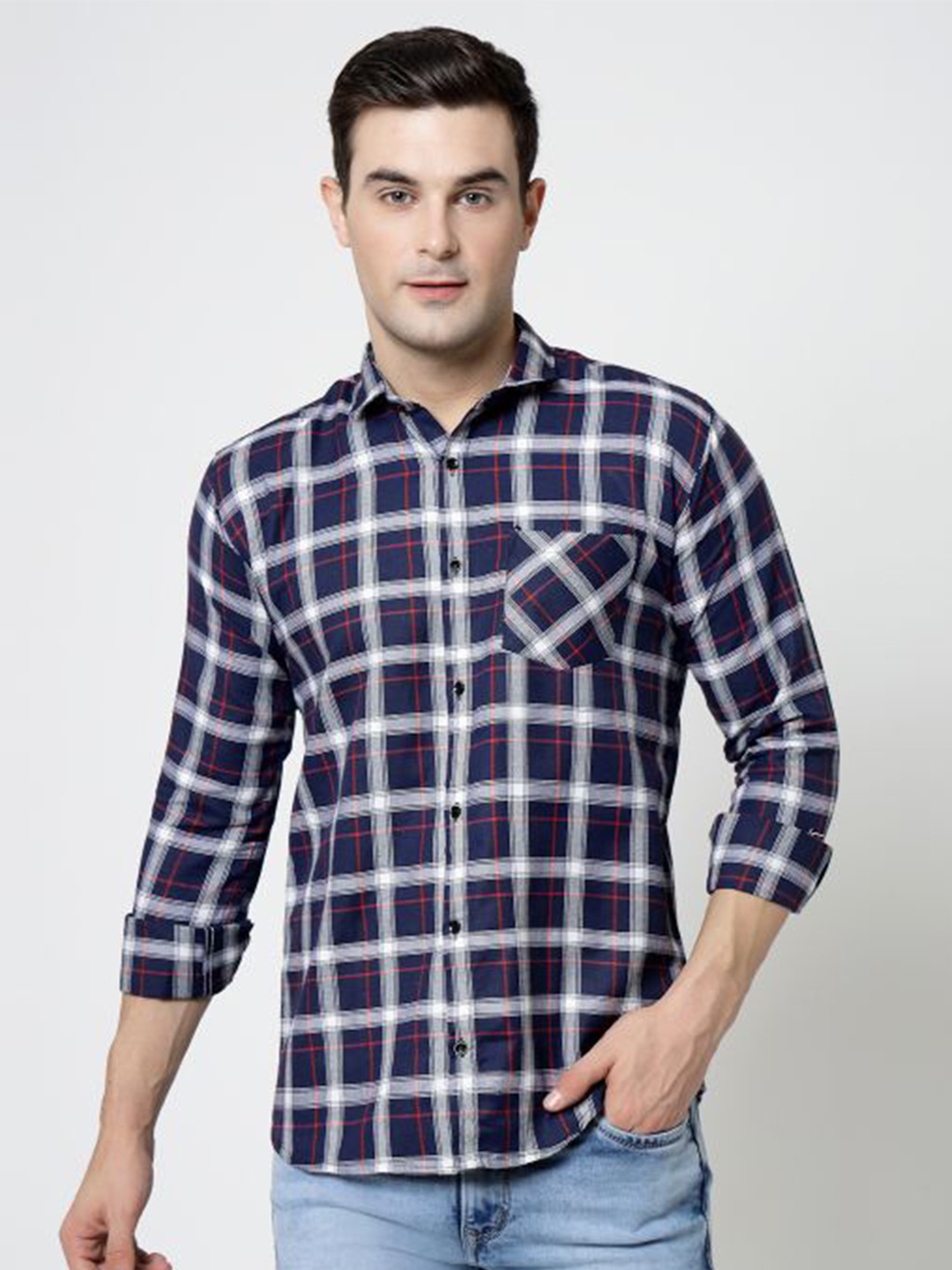 

ADWYN PETER New Tartan Checked Cotton Casual Shirt, Navy blue