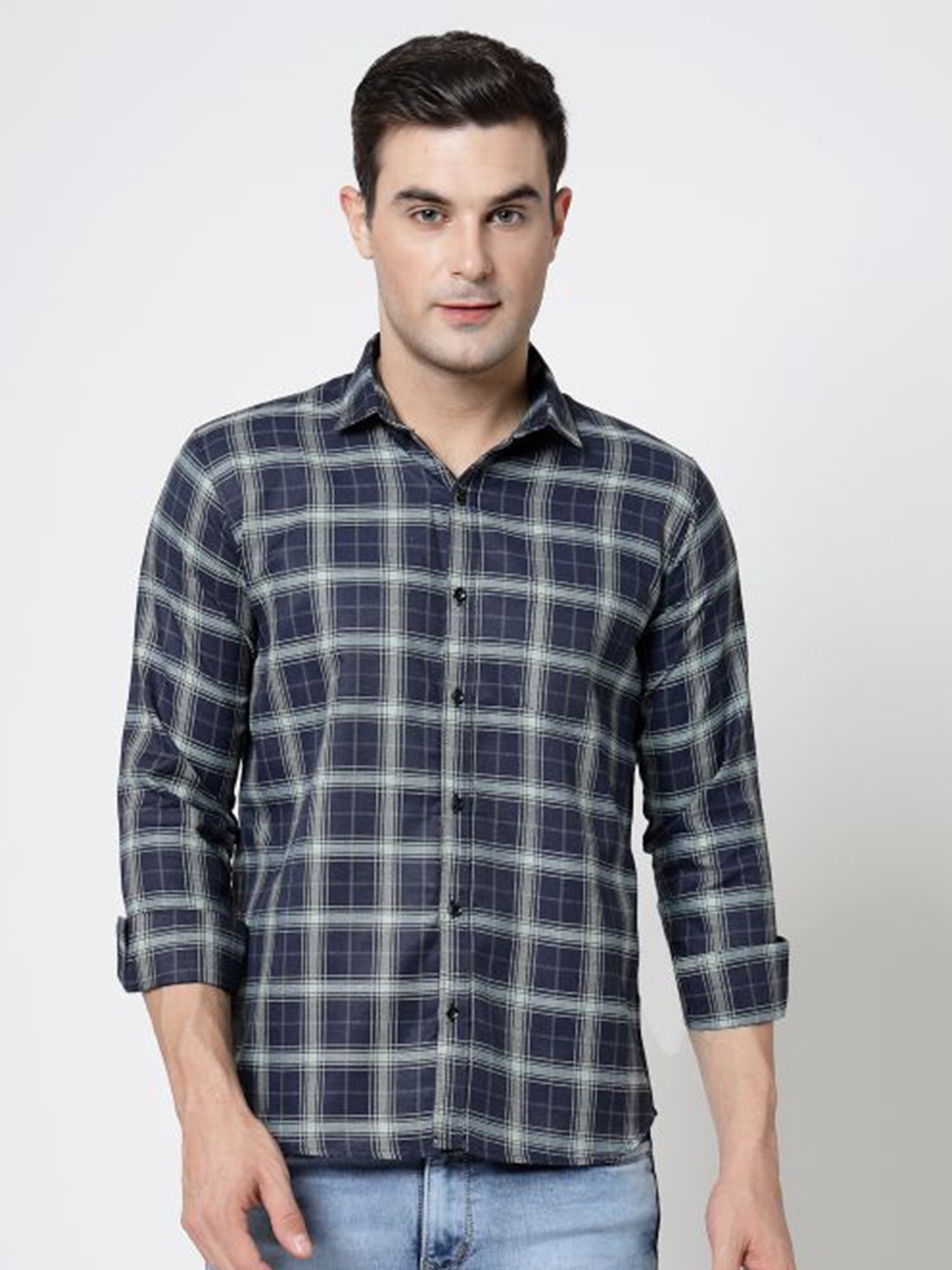 

ADWYN PETER New Tartan Checks Checked Cotton Casual Shirt, Navy blue