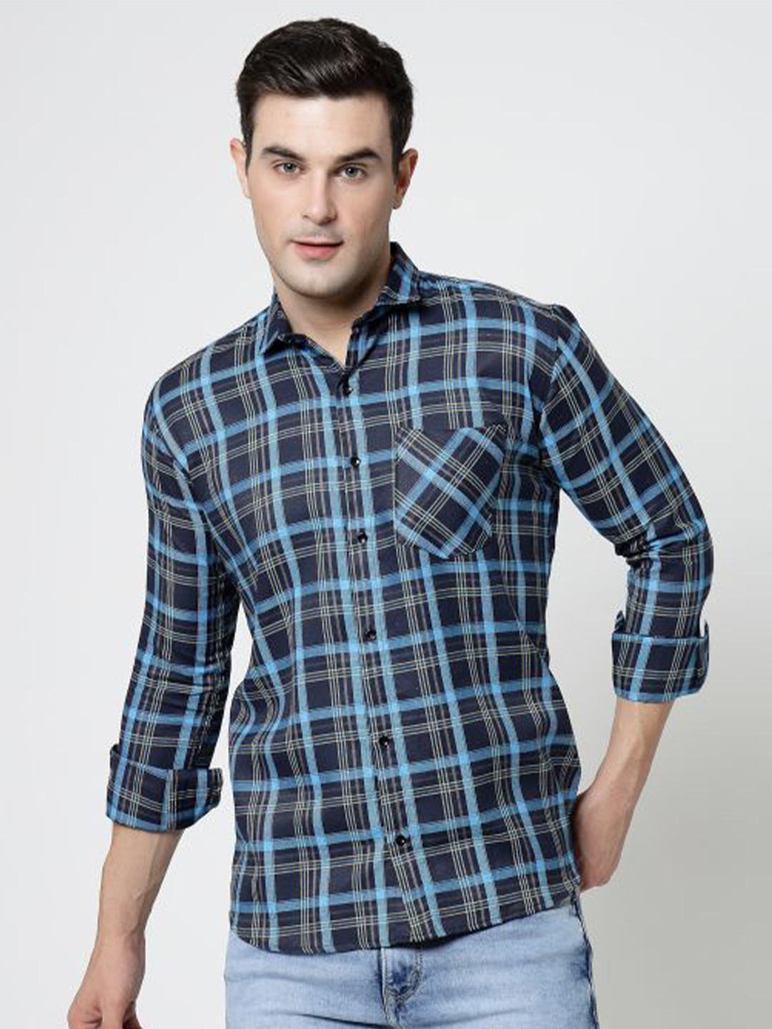 

ADWYN PETER New Tartan Checked Cotton Casual Shirt, Navy blue