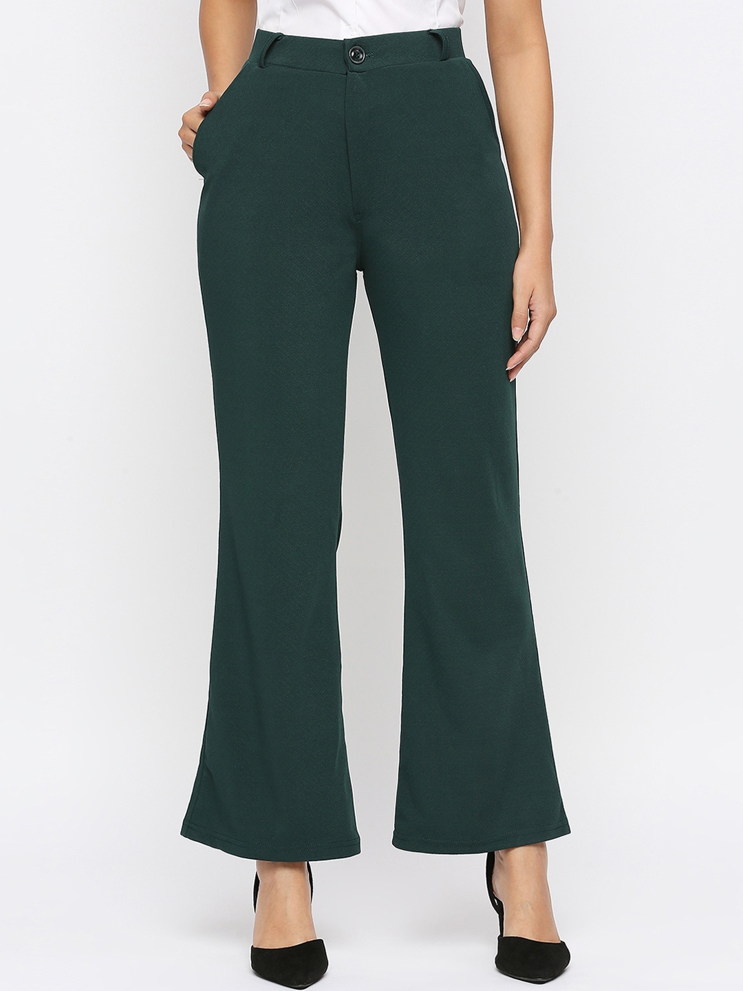 

Smarty Pants Women Comfort Flared High-Rise Lint Free Bootcut Trousers, Olive
