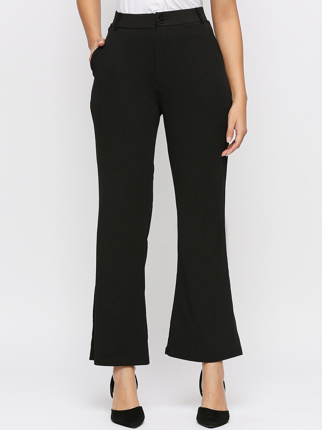 

Smarty Pants Women Comfort Flared High-Rise Lint Free Cotton Lycra Trousers, Black