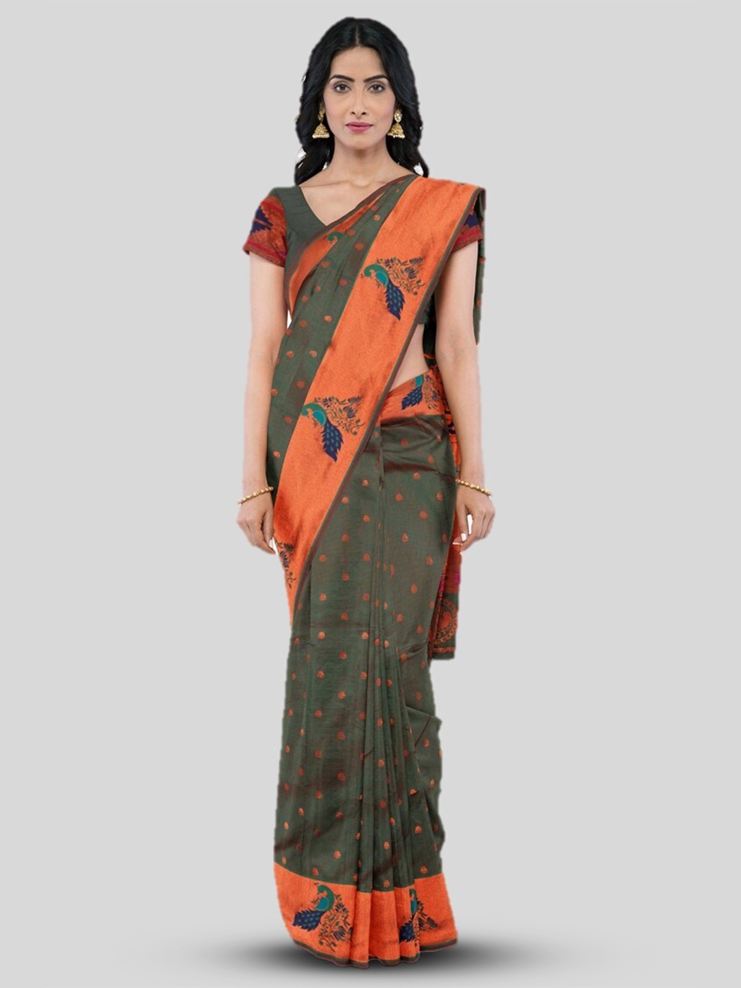 

KAJREE Ethnic Motifs Woven Design Zari Paithani Saree, Olive