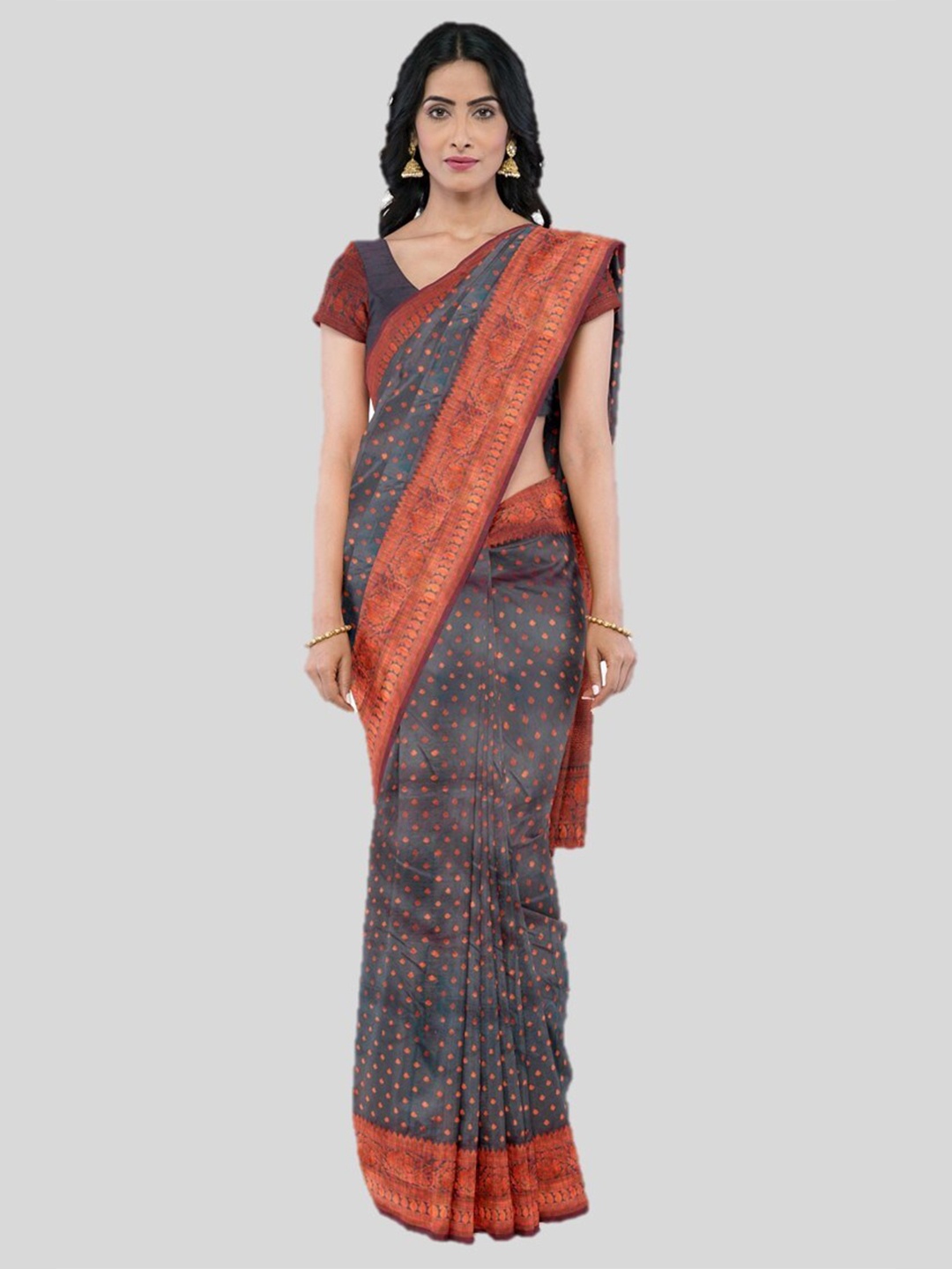 

KAJREE Woven Design Zari Silk Blend Kanjeevaram Saree, Grey