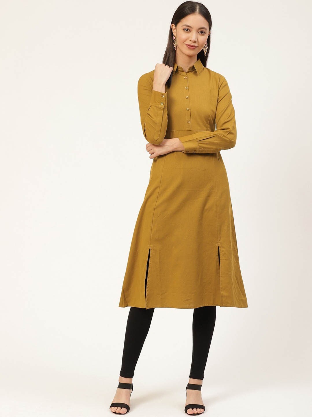 

SUTI Shirt Collar Long Sleevs A-Line Cotton Kurta, Olive