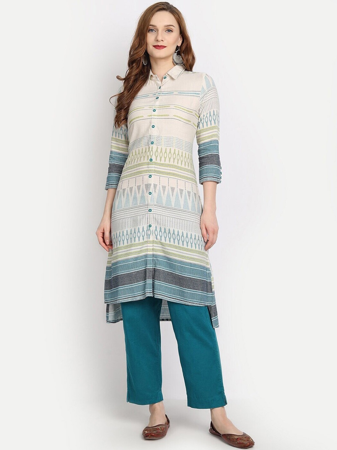 

SUTI Striped Shirt Collar A-Line Kurta, Cream