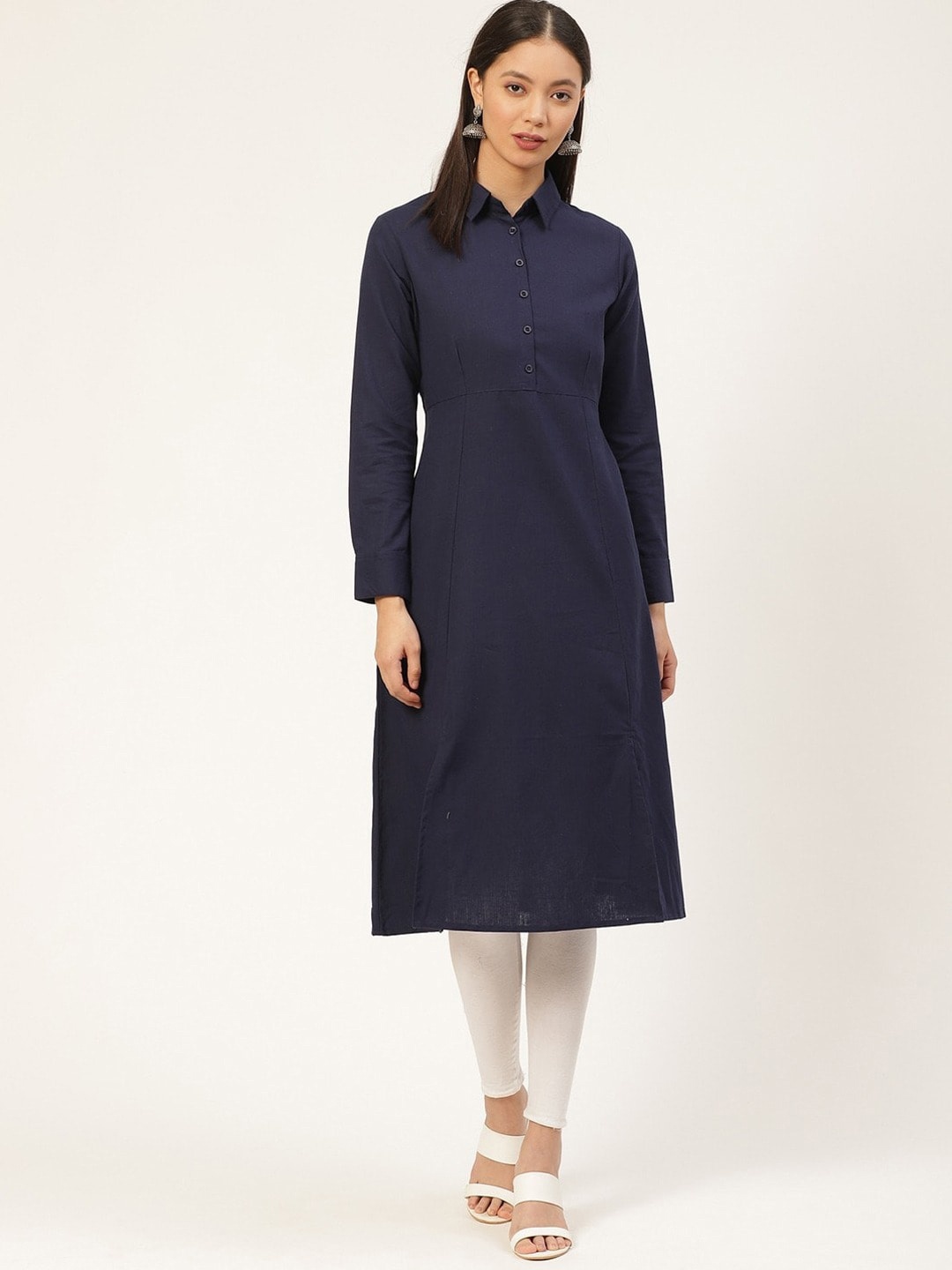 

SUTI Shirt Collar Long Sleeves A-Line Cotton Kurta, Navy blue