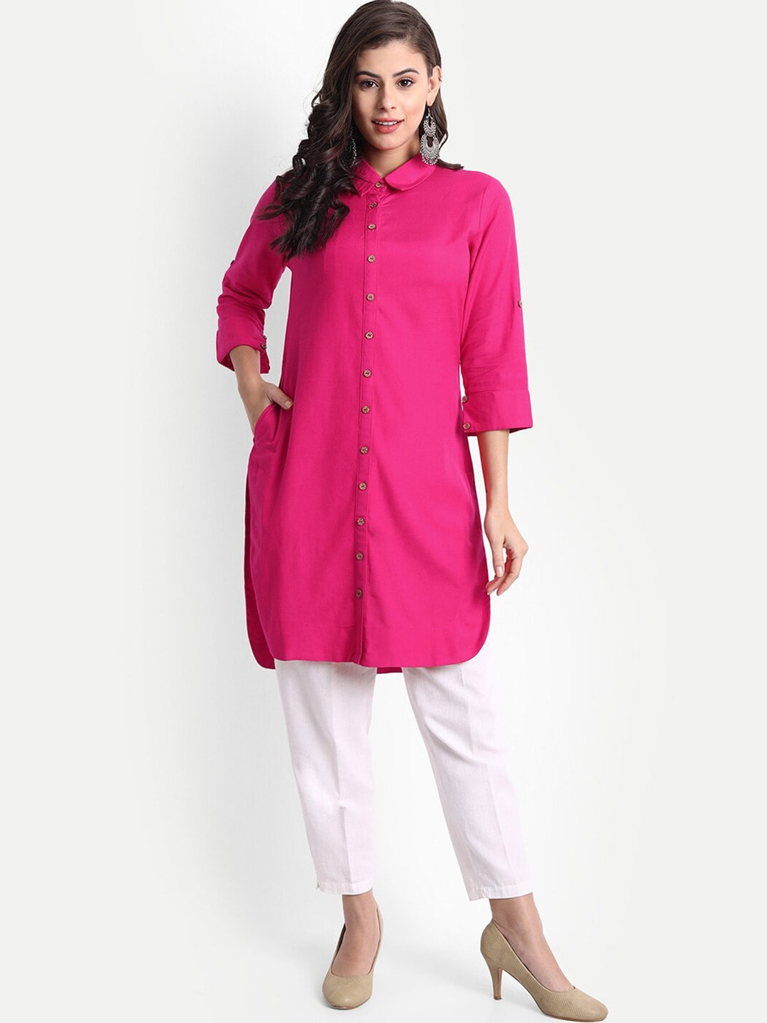 

SUTI Shirt Collar Roll-Up Sleeves Straight Tunic, Pink