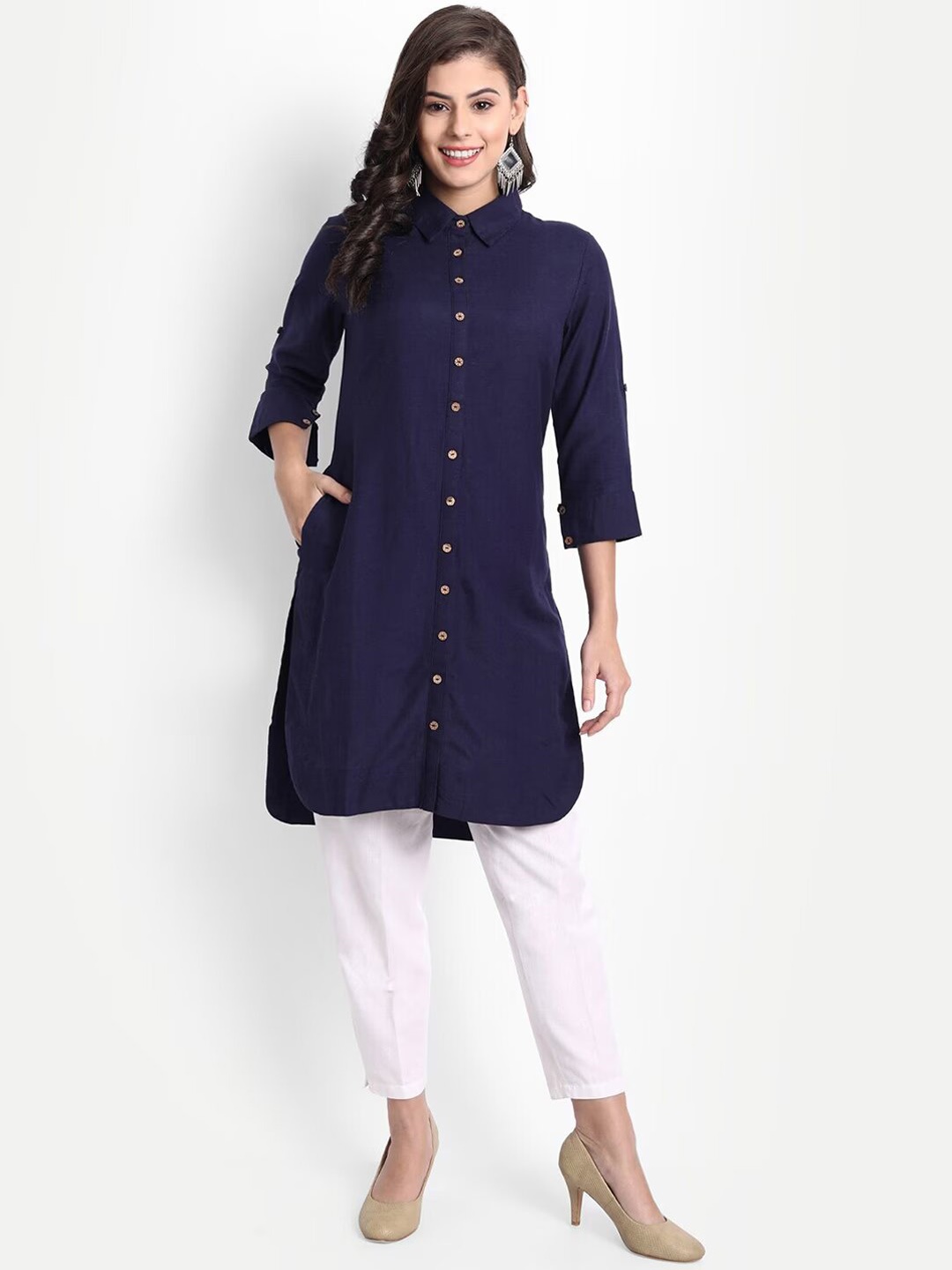 

SUTI Shirt Collar Roll-Up Sleeves A-Line Kurta, Navy blue