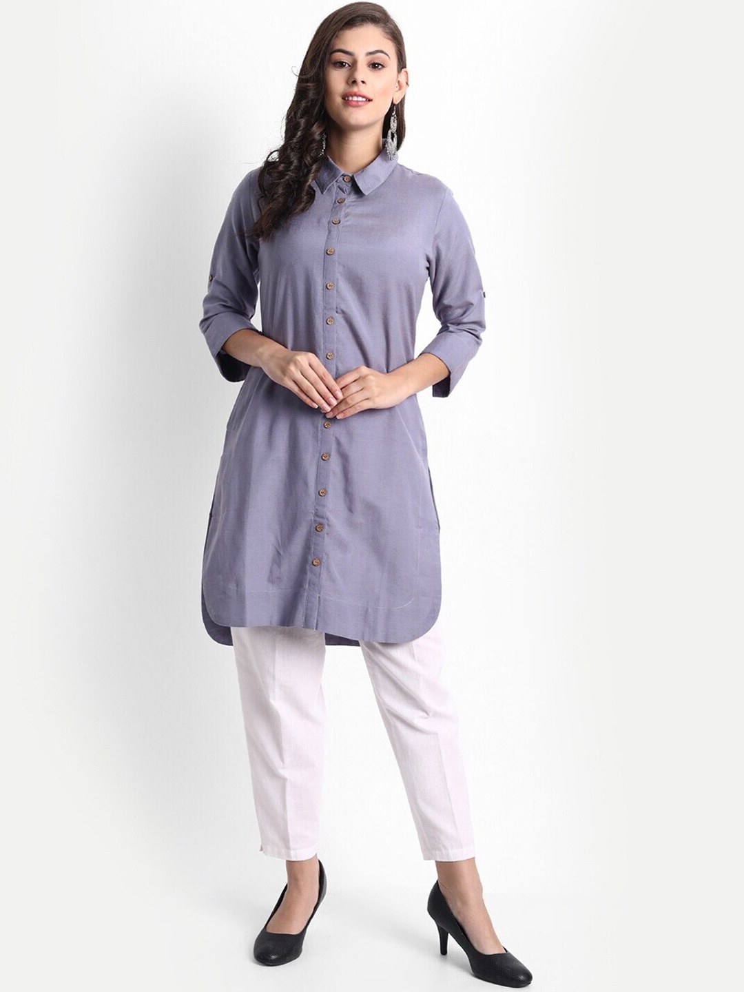 

SUTI Shirt Collar Roll-Up Sleeves Straight Tunic, Grey