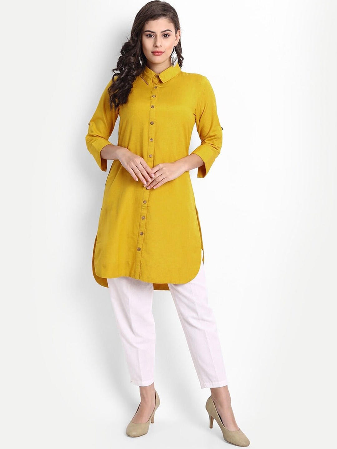 

SUTI Shirt Collar Roll-Up Sleeves Straight Tunic, Mustard