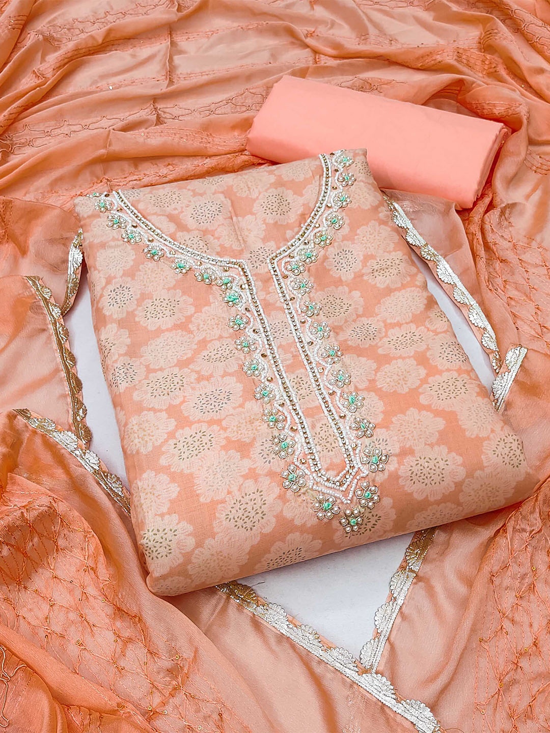 

KALINI Floral Embellished Unstitched Dress Material, Orange