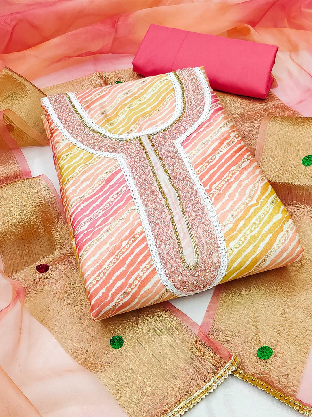 

KALINI Embellished Unstitched Dress Material, Peach