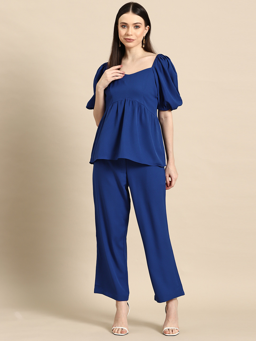 

WoowZerZ Solid Women Top with Trousers, Blue