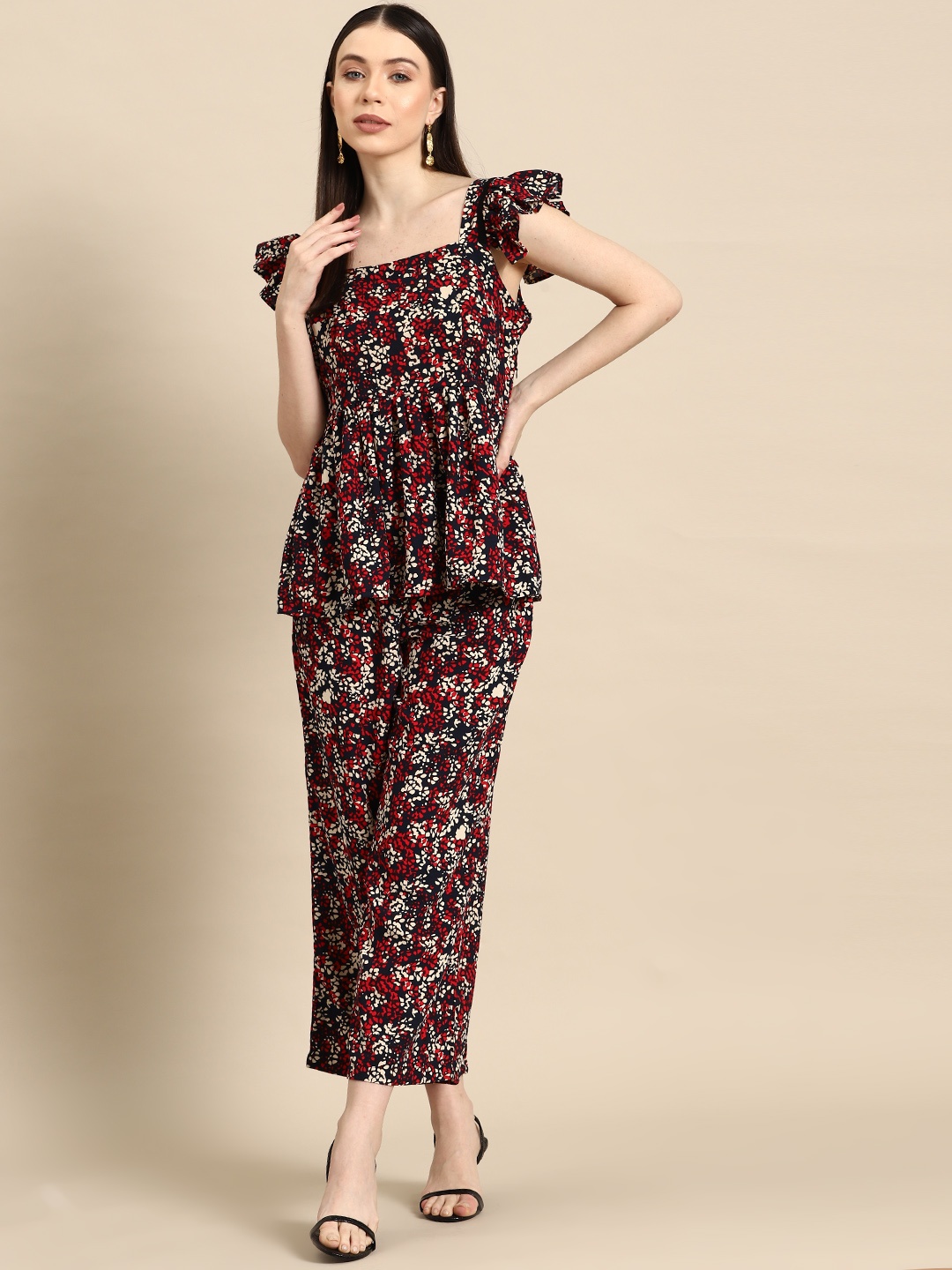 

WoowZerz Ruffled Floral Top with Palazzos, Maroon