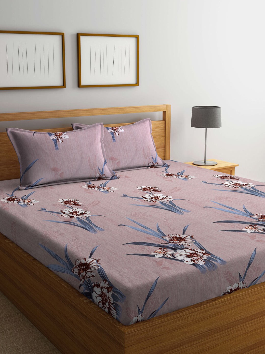 

FABINALIV Purple & Grey Floral Printed 300 TC Fitted King Bedsheet With 2 Pillow Covers