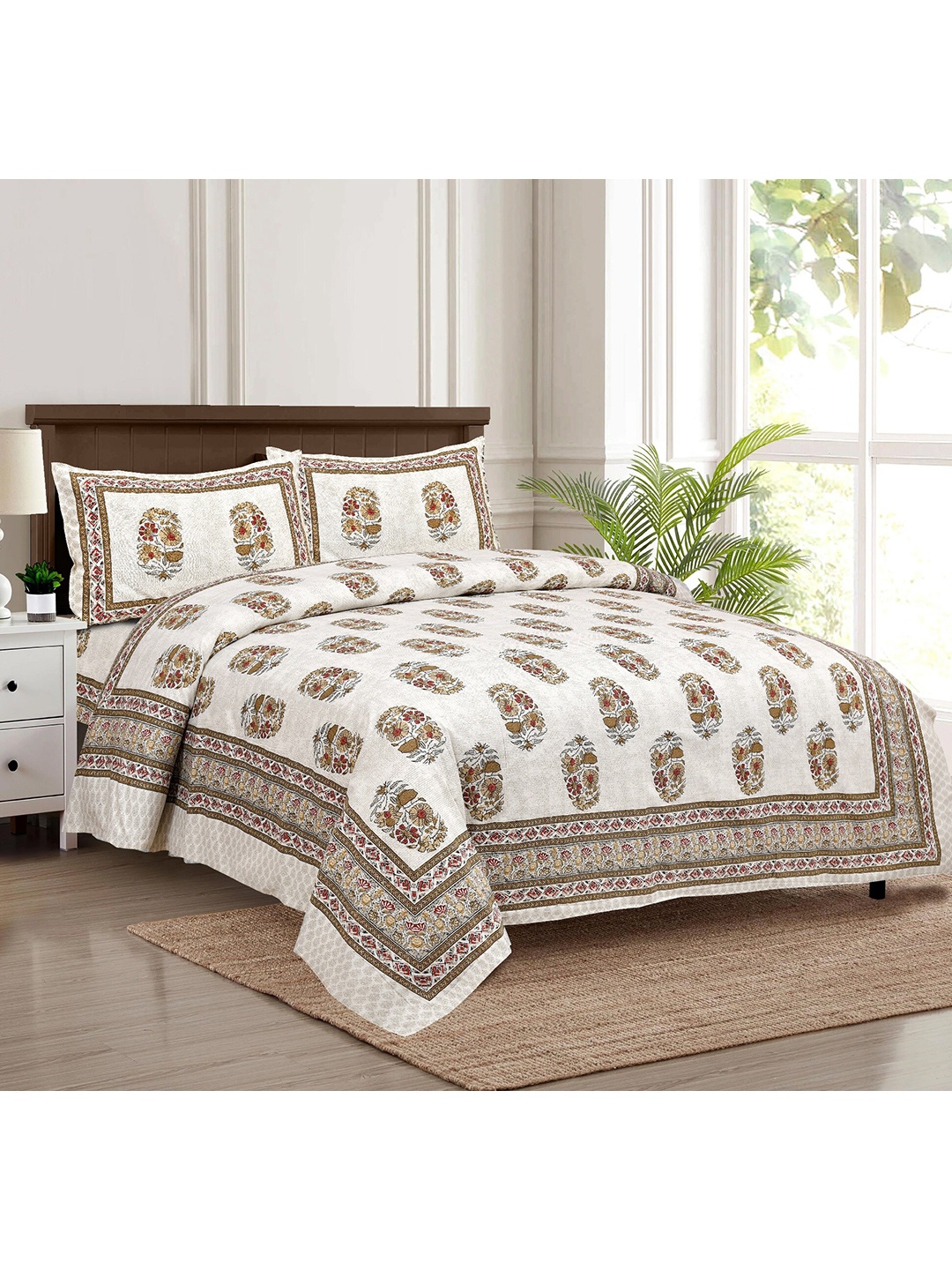 

Stylespace by Isha White & Brown Floral Pure Cotton 250 TC King Bedsheet Set