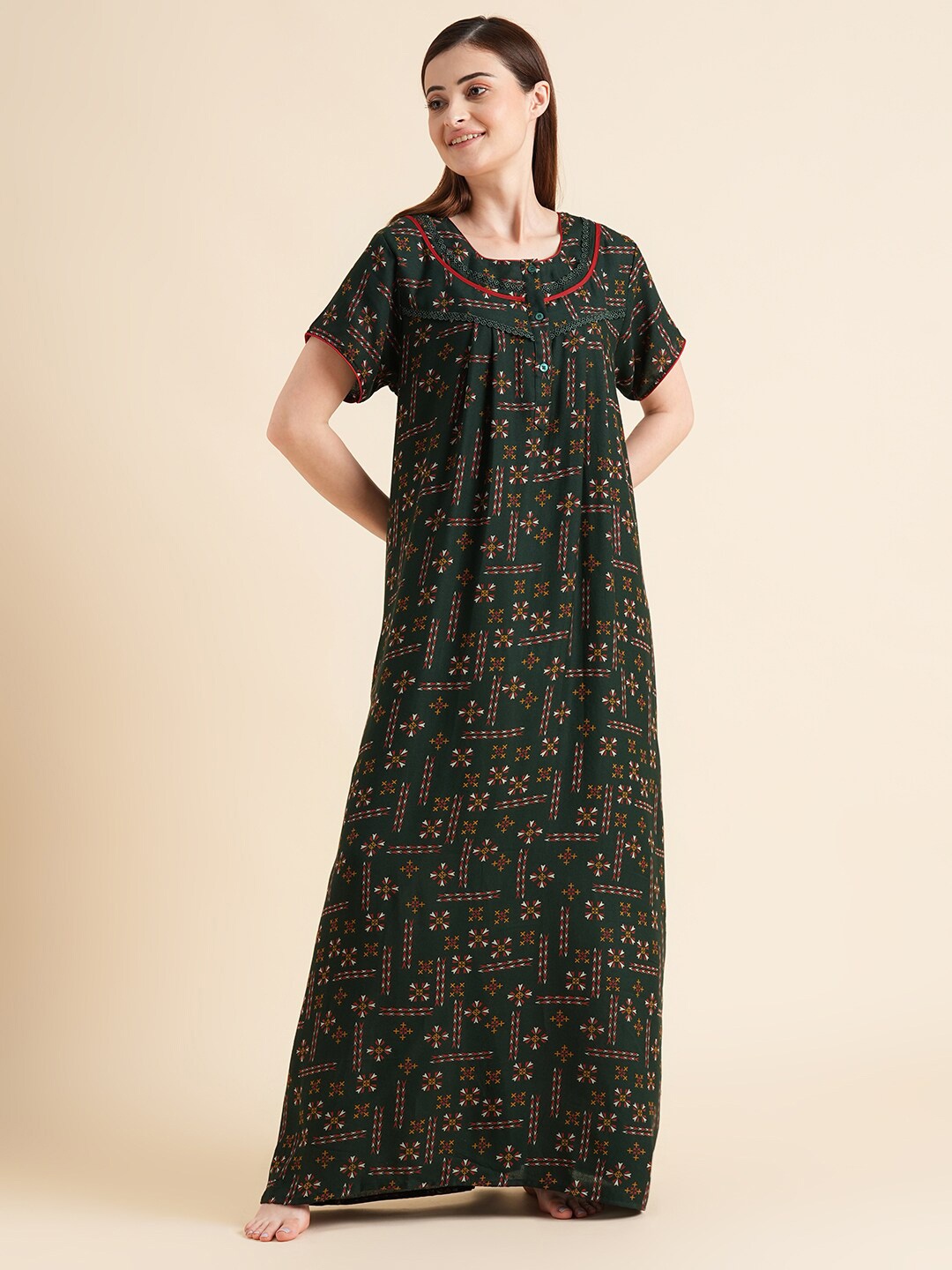 

Sweet Dreams Ethnic Motifs Printed Pure Cotton Maxi Nightdress, Green