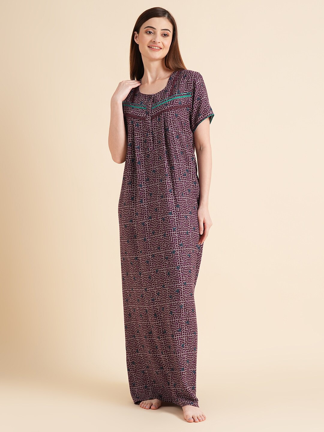 

Sweet Dreams Burgundy Geometric Printed Pure Cotton Maxi Nightdress