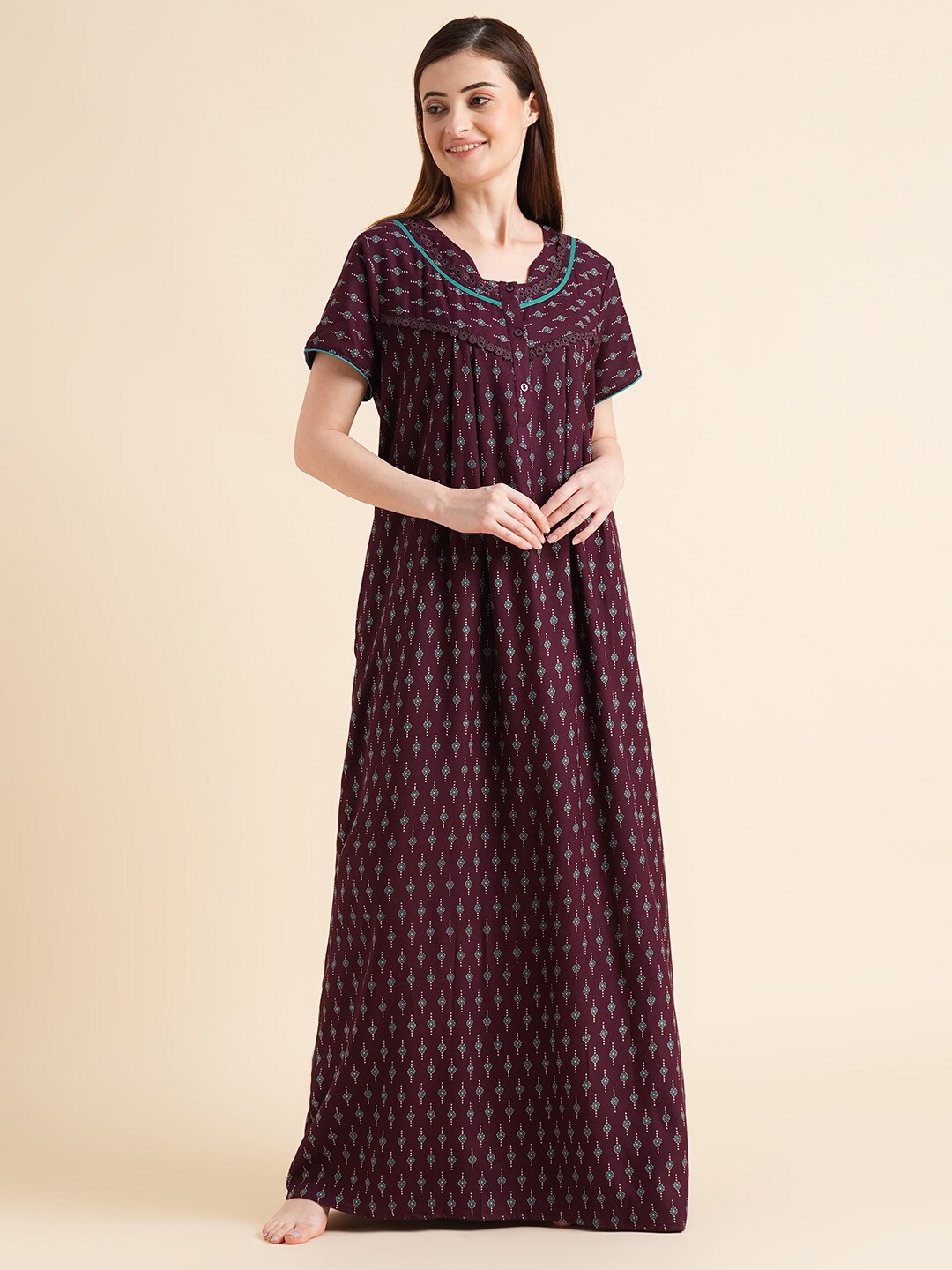 

Sweet Dreams Burgundy Ethnic Motif Printed Pure Cotton Maxi Nightdress