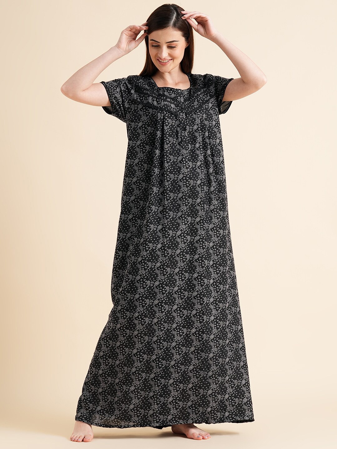 

Sweet Dreams Black Ethnic Motif Printed Pure Cotton Maxi Nightdress