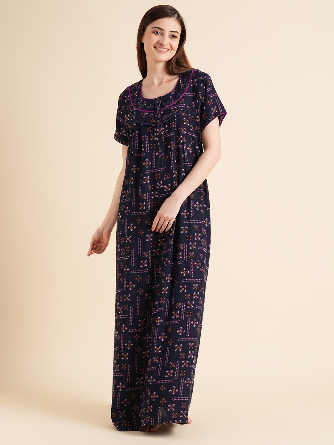 

Sweet Dreams Navy Blue Geometric Printed Cotton Maxi Nightdress