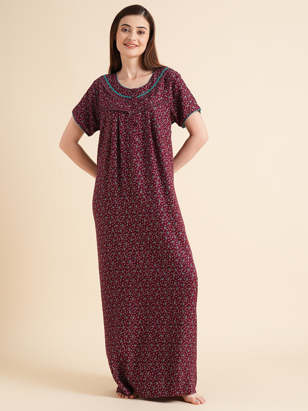 

Sweet Dreams Maroon Floral Printed Pure Cotton Maxi Nightdress