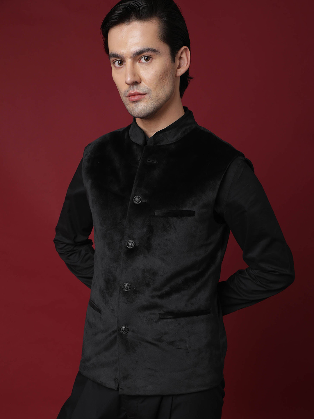 

RARE RABBIT Men Ziva Slim Fit Nehru Jacket, Black