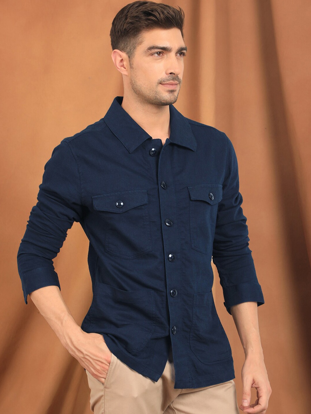 

RARE RABBIT Men Gatton Slim Fit Spread Collar Jacket, Navy blue