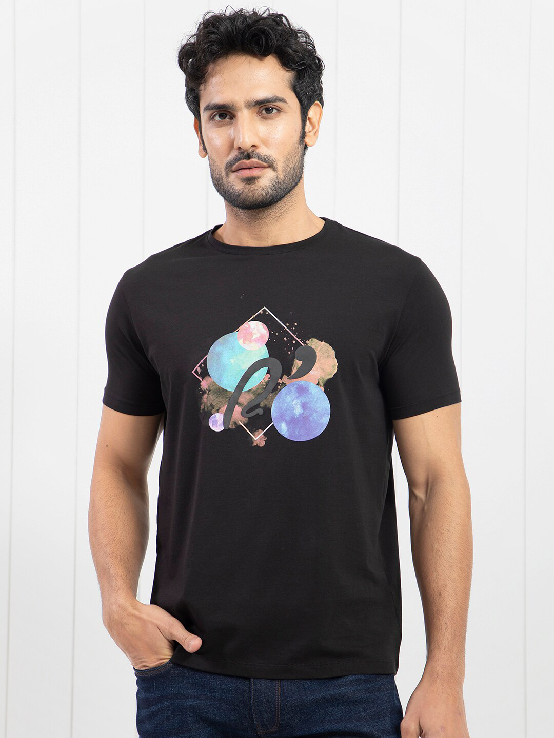 

RARE RABBIT Men Moreno Graphic Printed Slim Fit Cotton T-Shirt, Black