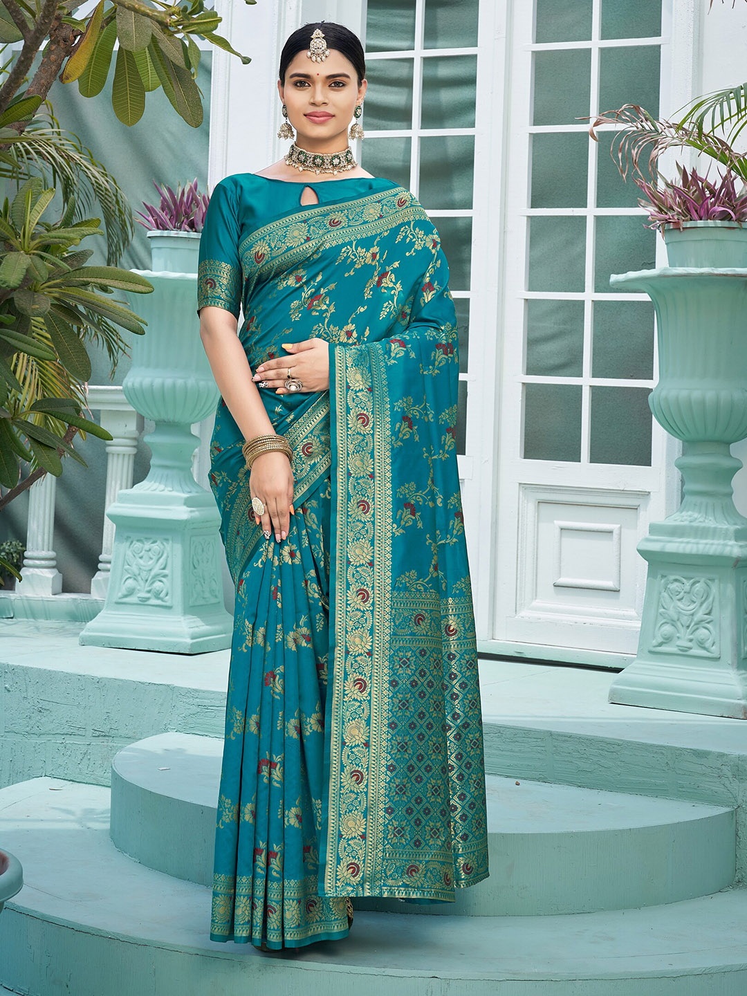 

SARIYA Floral Woven Design Zari Banarasi Saree, Turquoise blue