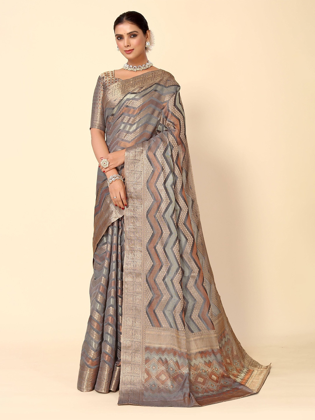 

HERE&NOW Grey Woven Design Zari Silk Cotton Kanjeevaram Saree