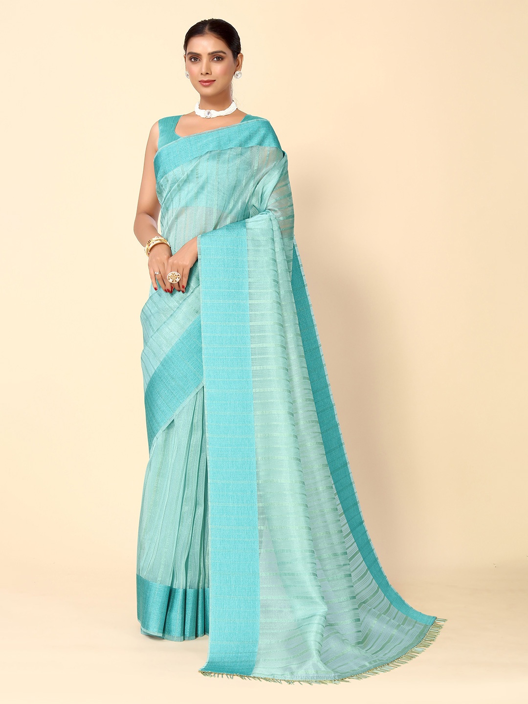 

HERE&NOW Striped Woven Design Silk Blend Saree, Blue