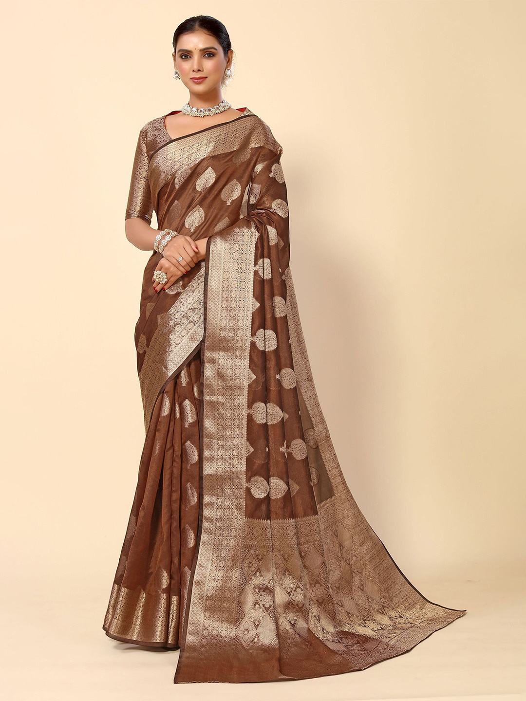 

HERE&NOW Brown & Gold-Toned Woven Design Zari Silk Cotton Kanjeevaram Saree