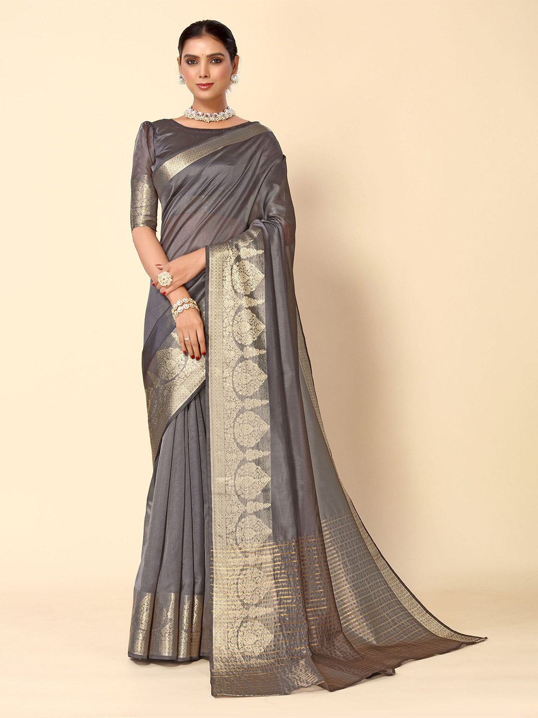 

HERE&NOW Woven Design Zari Silk Cotton Banarasi Saree, Grey