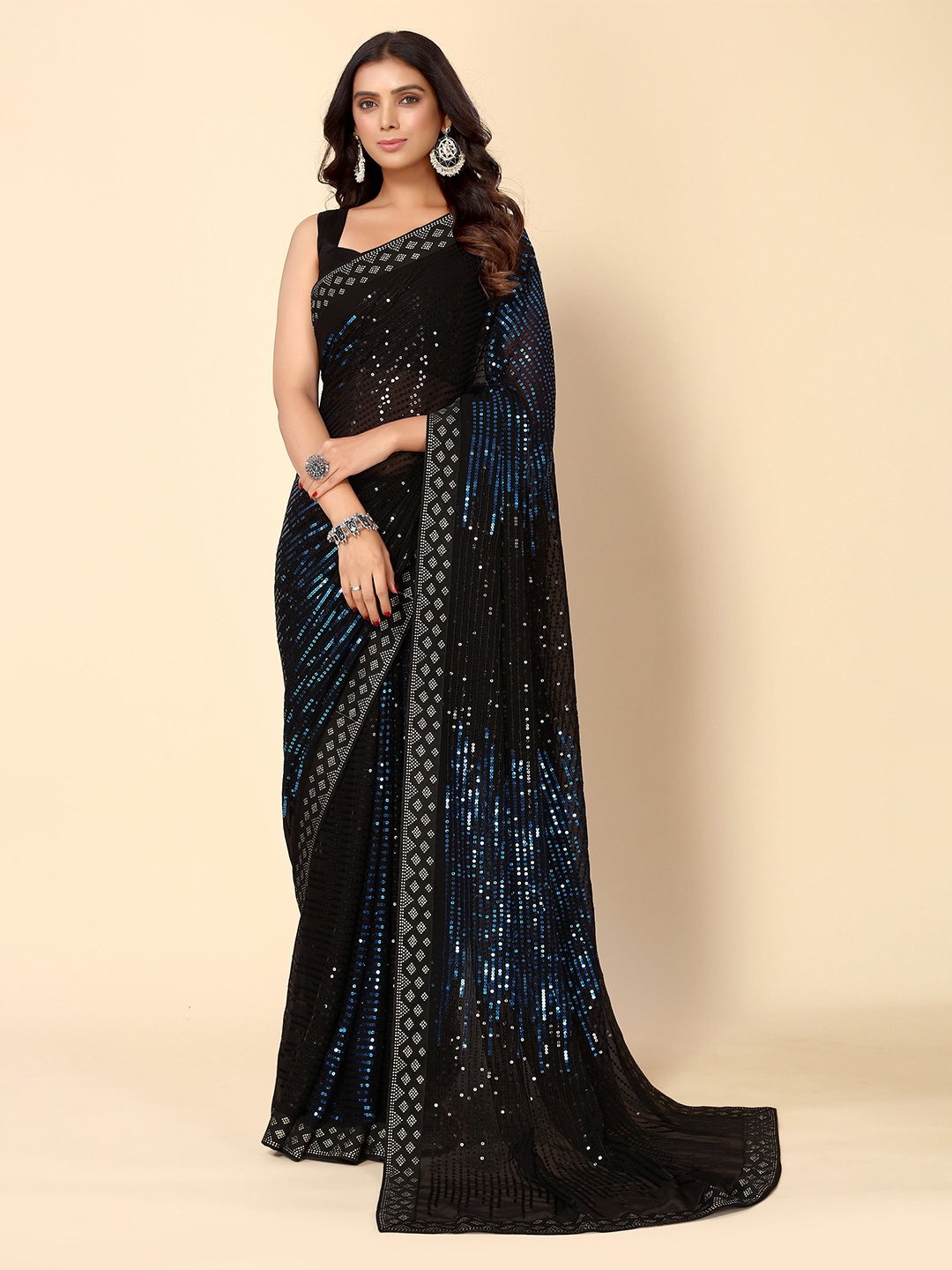 

HERE&NOW Black & Teal Embellished Kanjeevaram Saree