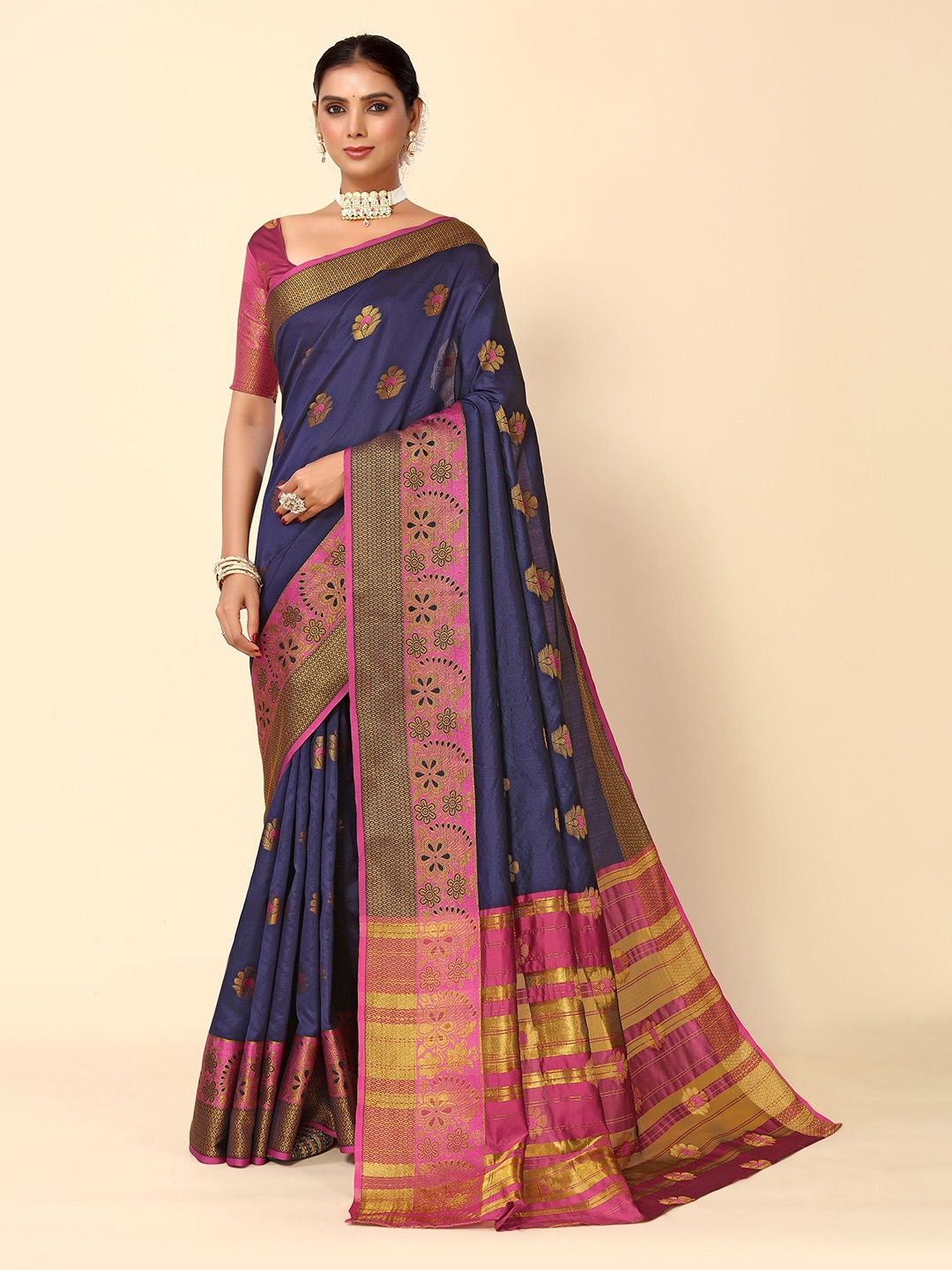 

HERE&NOW Navy Blue & Gold-Toned Ethnic Motifs Woven Design Silk Cotton Banarasi Saree