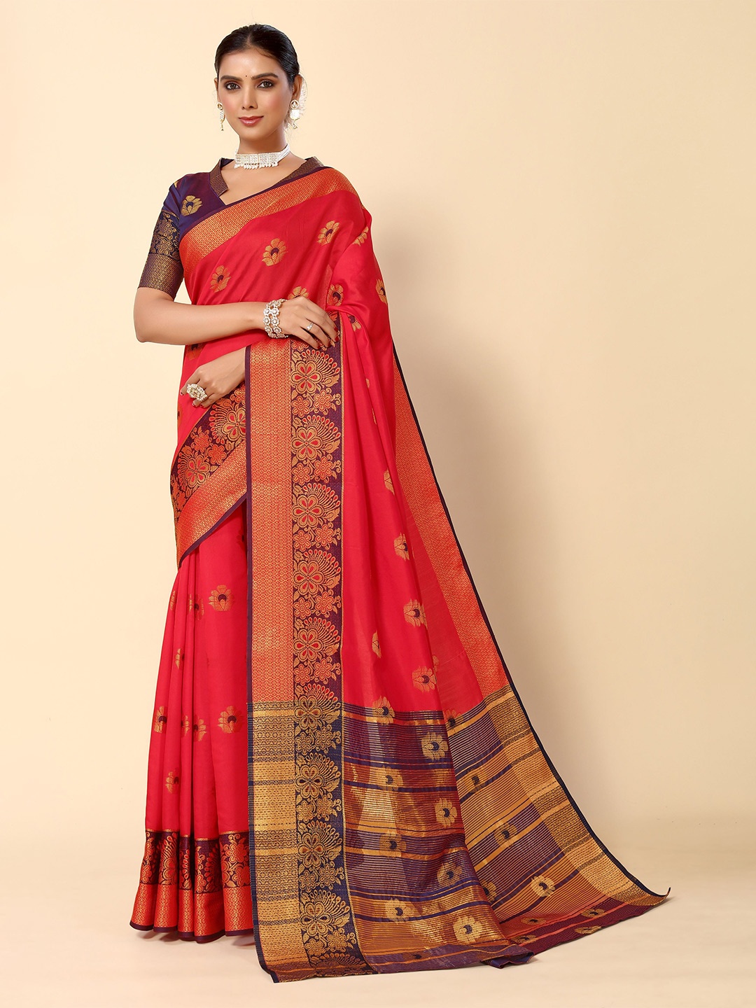 

HERE&NOW Pink & Purple Ethnic Motifs Woven Design Zari Silk Cotton Banarasi Saree