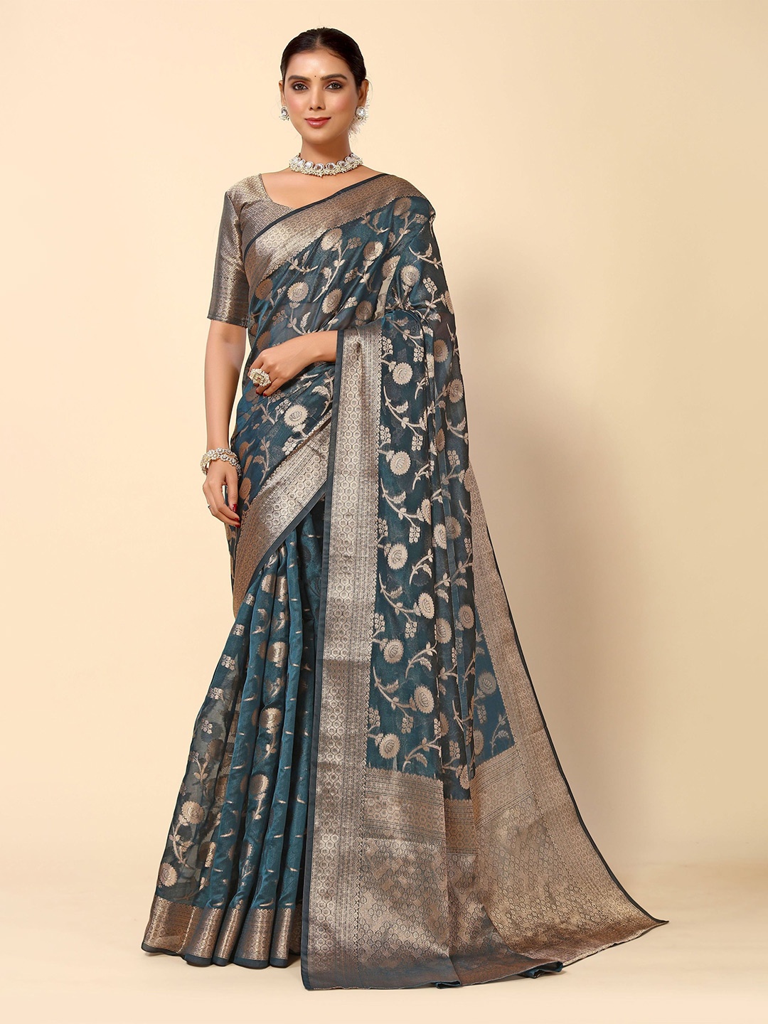 

HERE&NOW Teal & Gold-Toned Ethnic Motifs Woven Design Silk Cotton Kanjeevaram Saree