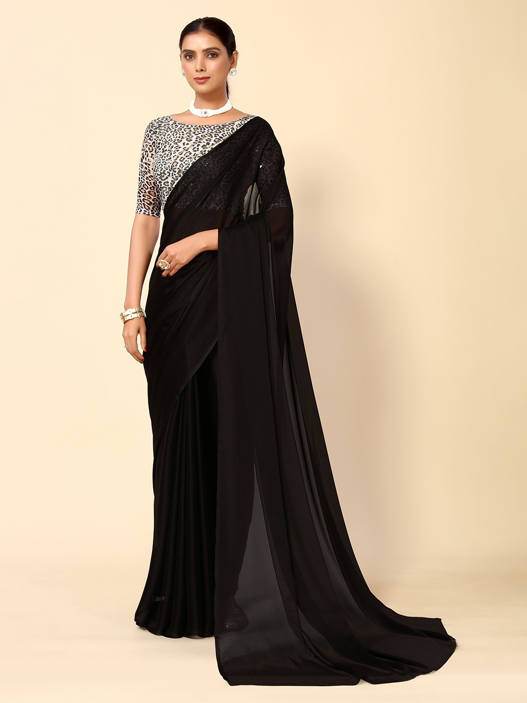

HERE&NOW Black Poly Georgette Saree
