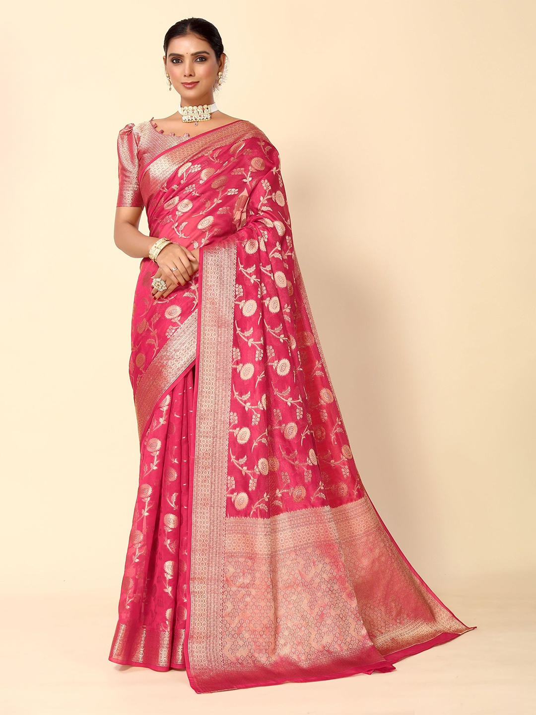 

HERE&NOW Pink & Gold-Toned Woven Design Zari Silk Cotton Kanjeevaram Saree