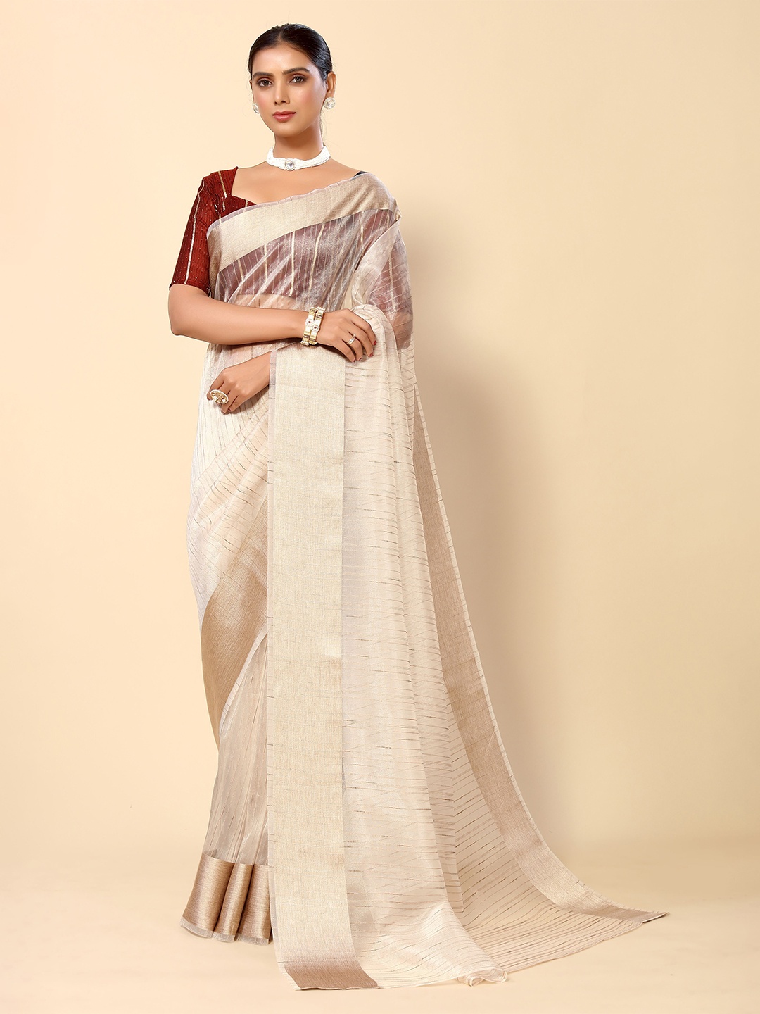 

HERE&NOW Off White striped Zari Silk Blend Saree