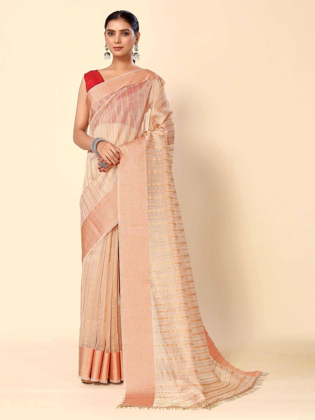 

HERE&NOW Peach-Coloured & Gold-Toned Striped Woven Design Saree