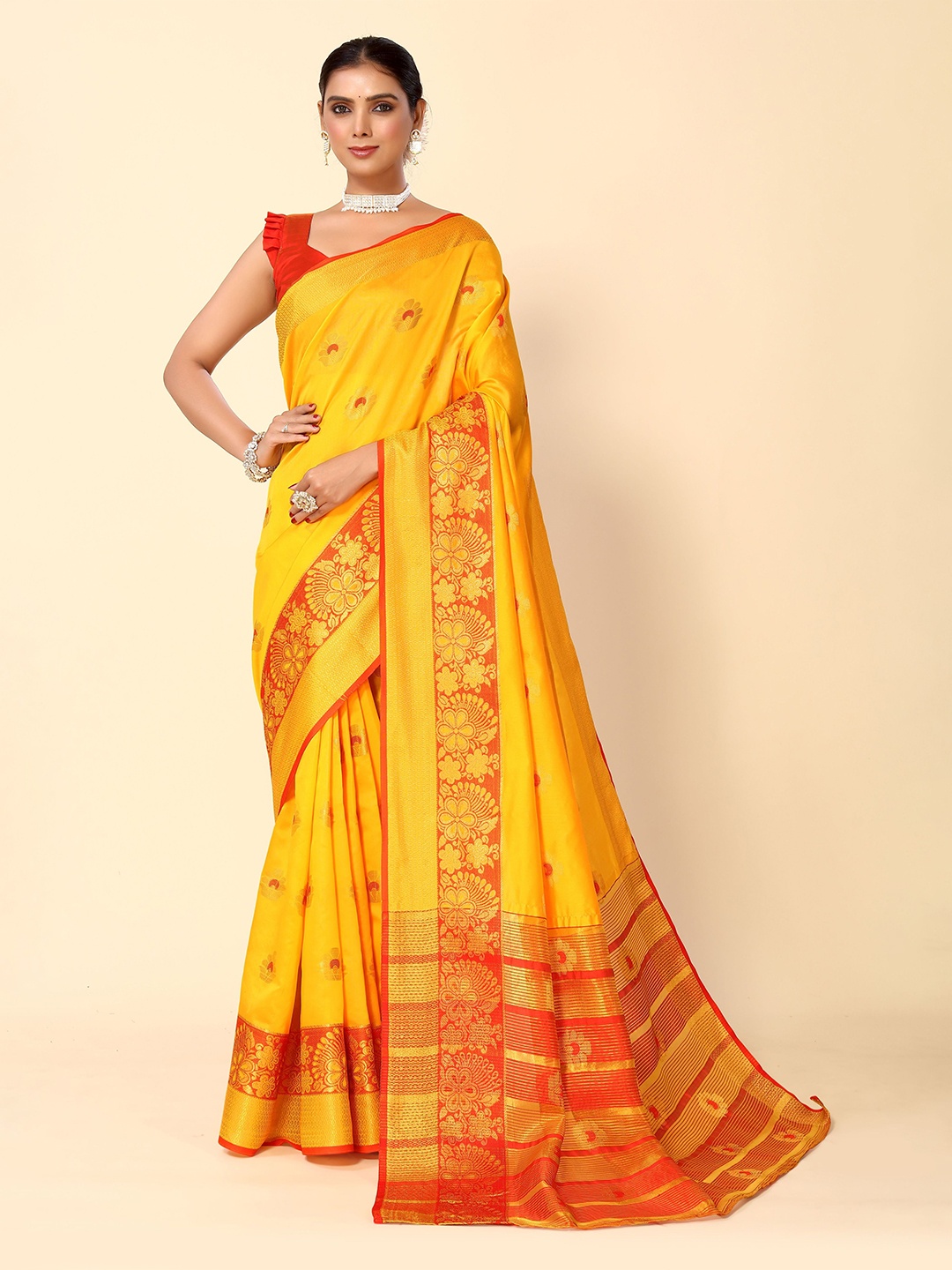 

HERE&NOW Yellow & Red Ethnic Motifs Woven Design Silk Cotton Banarasi Saree