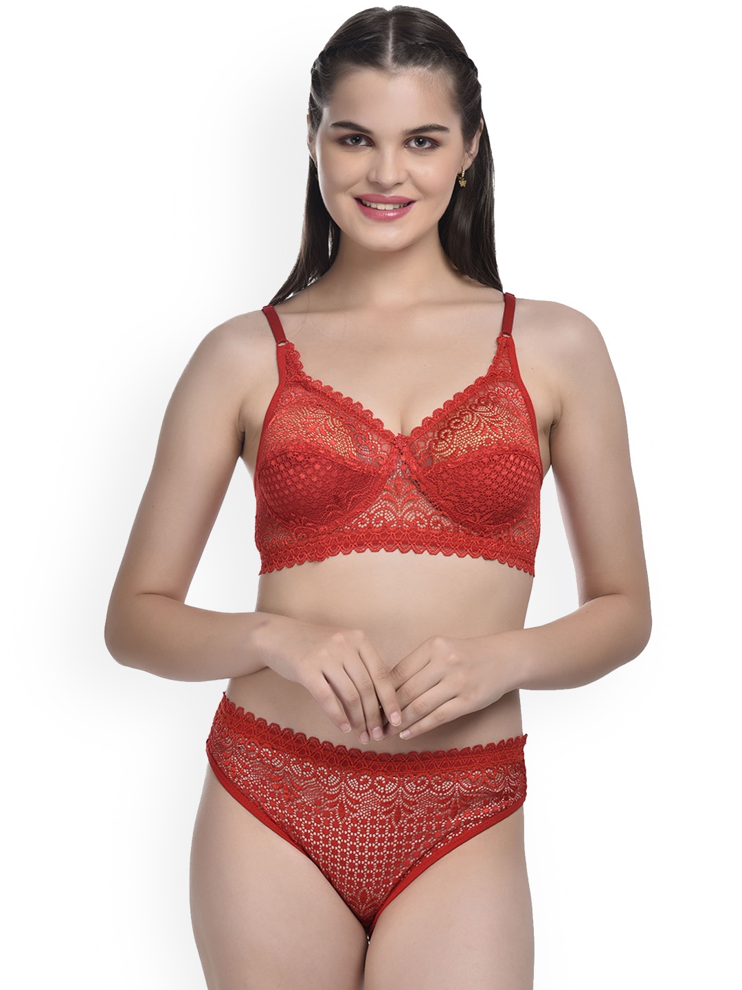 

SGC SWEDEN Self Design Laced Lingerie Set, Red
